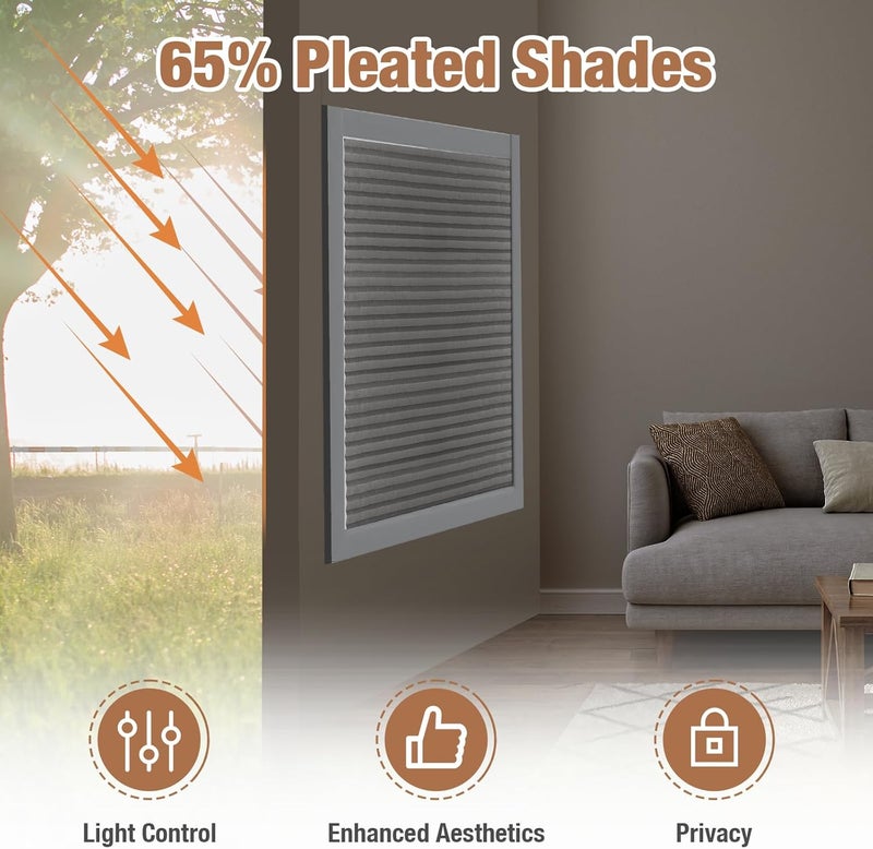 Zipcase 6 Pack Window Blackout Shades, 65% Shading Cordless Light Filtering Pleated Paper Shades, 36 in x 72 in(Fits Windows 19”- 36”), Grey - Image 2